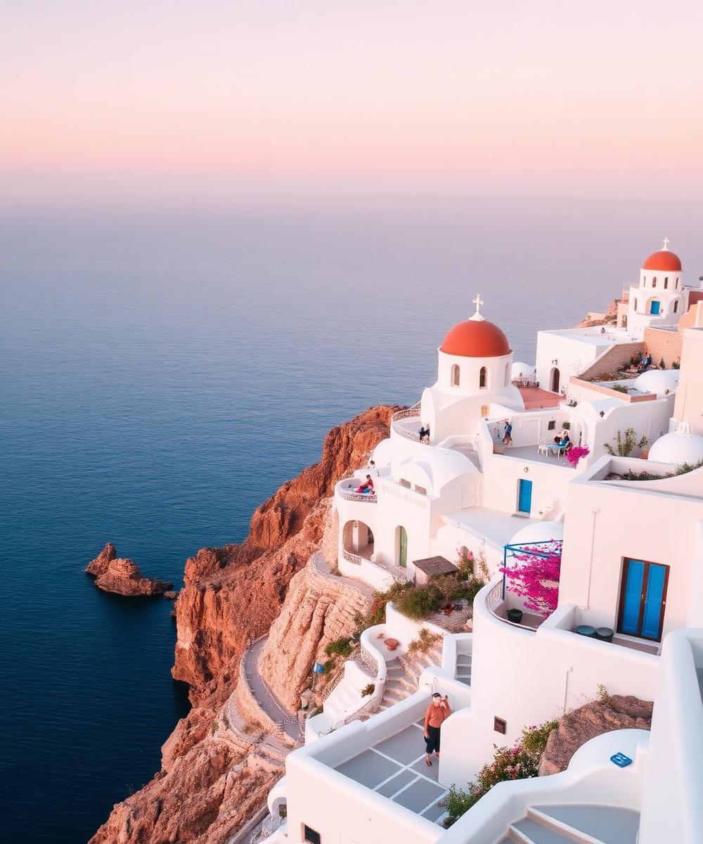 Whitewashed Greek island village above the Aegean sea at dusk