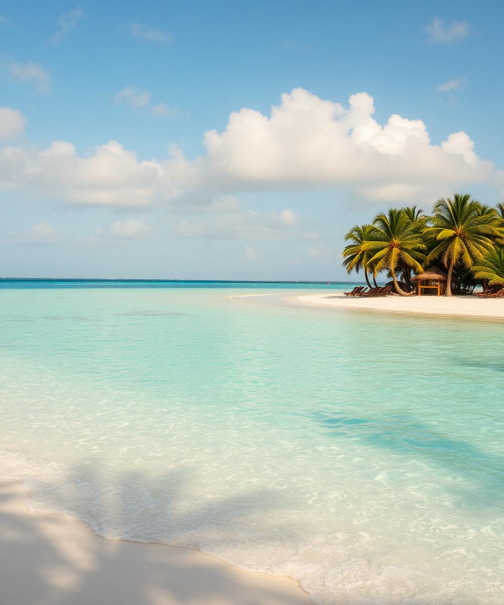 Turquoise Caribbean shoreline with palm trees and pale sand