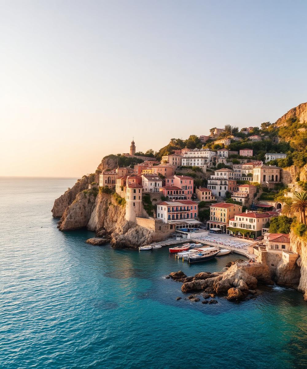 Sunlit Mediterranean coastal village with turquoise water and pastel buildings