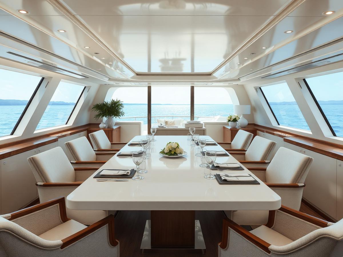 Elegant yacht salon set for a private business gathering with no people