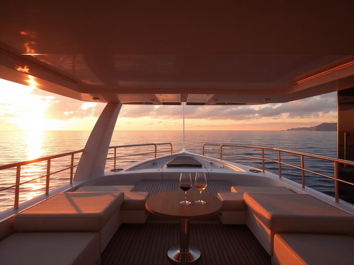 Empty yacht deck at golden hour with sea view and no people