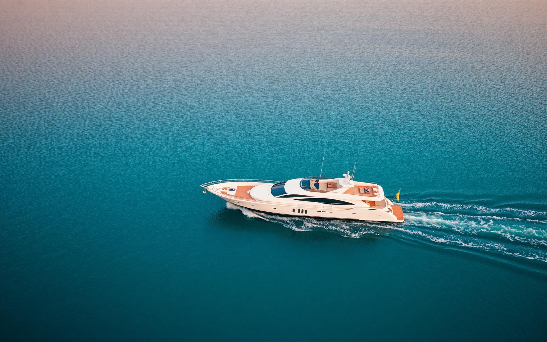 Aerial view of a single white luxury motor yacht on calm turquoise open water at golden hour