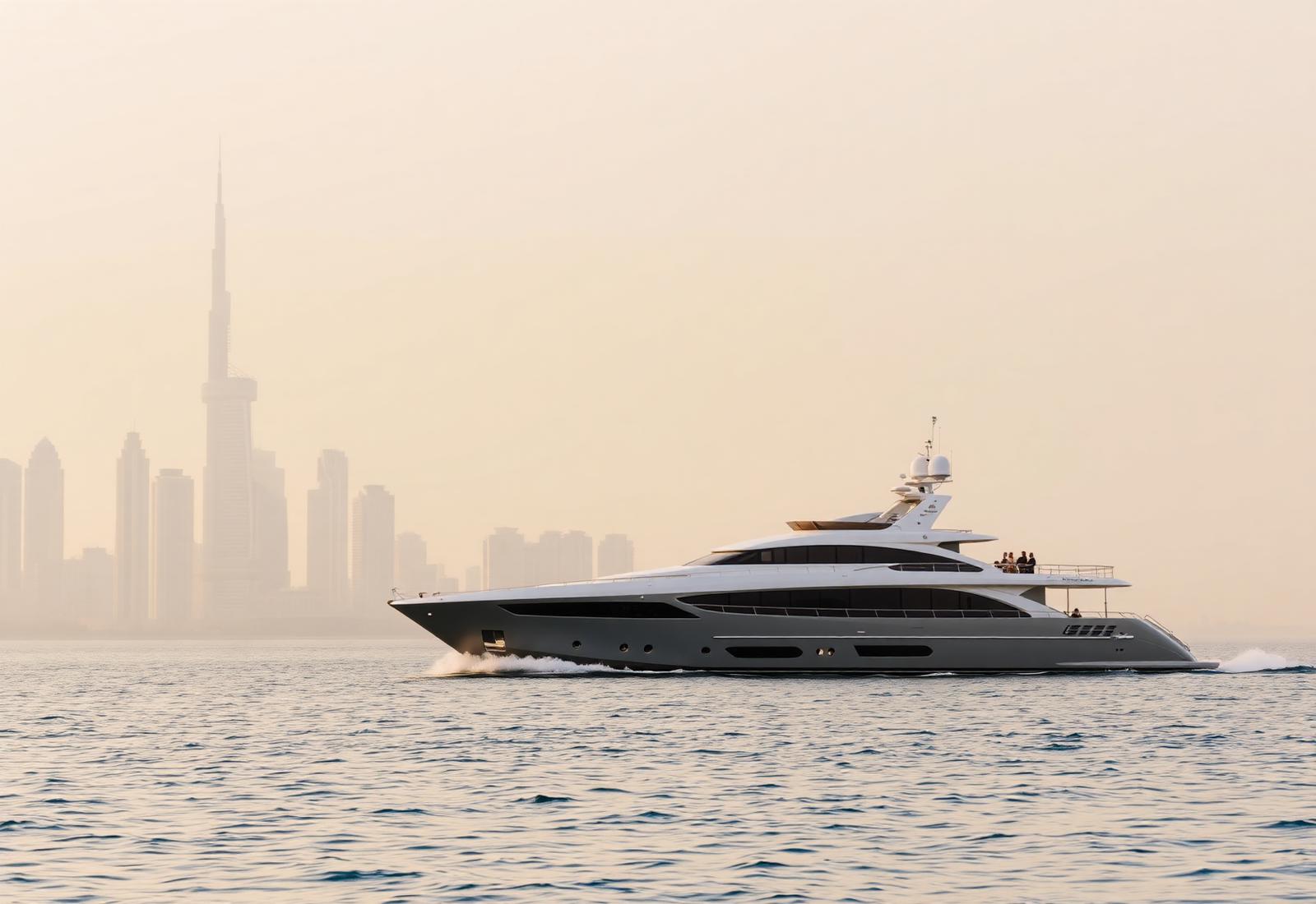 Superyacht on the Arabian Gulf near the Dubai skyline